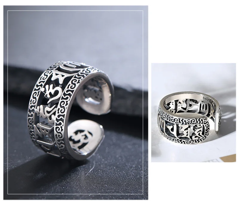 Vintage Buddhist Pray Blessings Ring For Men 925 Silver Jewelry Ethnic Hollow Words Sutra Ring Male Finger Accessories Gift