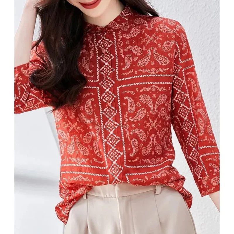 Spring Summer New Ethnic Style Stand Neck Loose Fit Shirt Vintage Three-quarter Sleeve Single Row Multi Buckle Chiffon Blouses