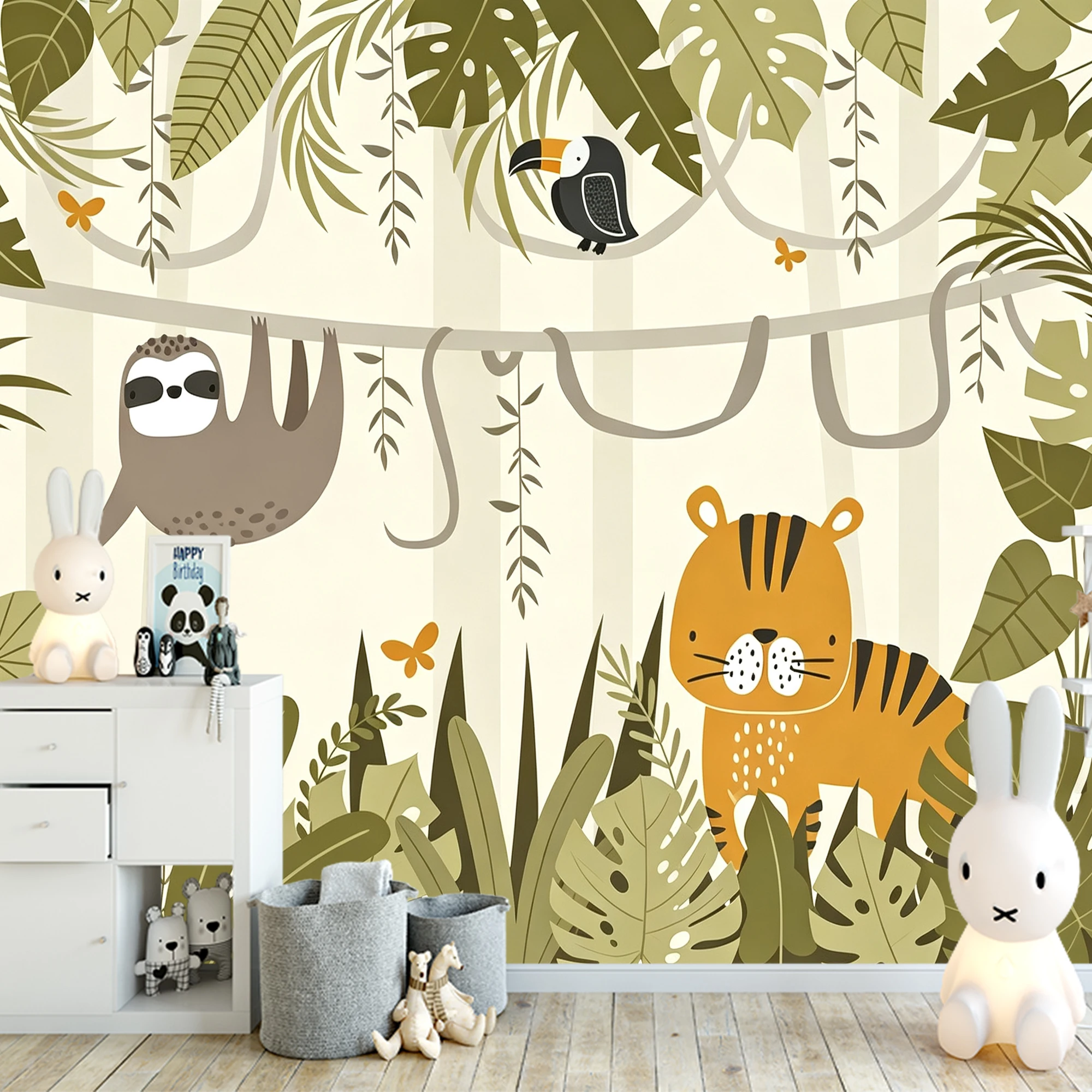 Custom Mural Wallpaper Boho Tropical Jungle Sloth Tiger Toucan Palm Leaf Cartoon Baby Bedroom Wall Decor Papel De Parede