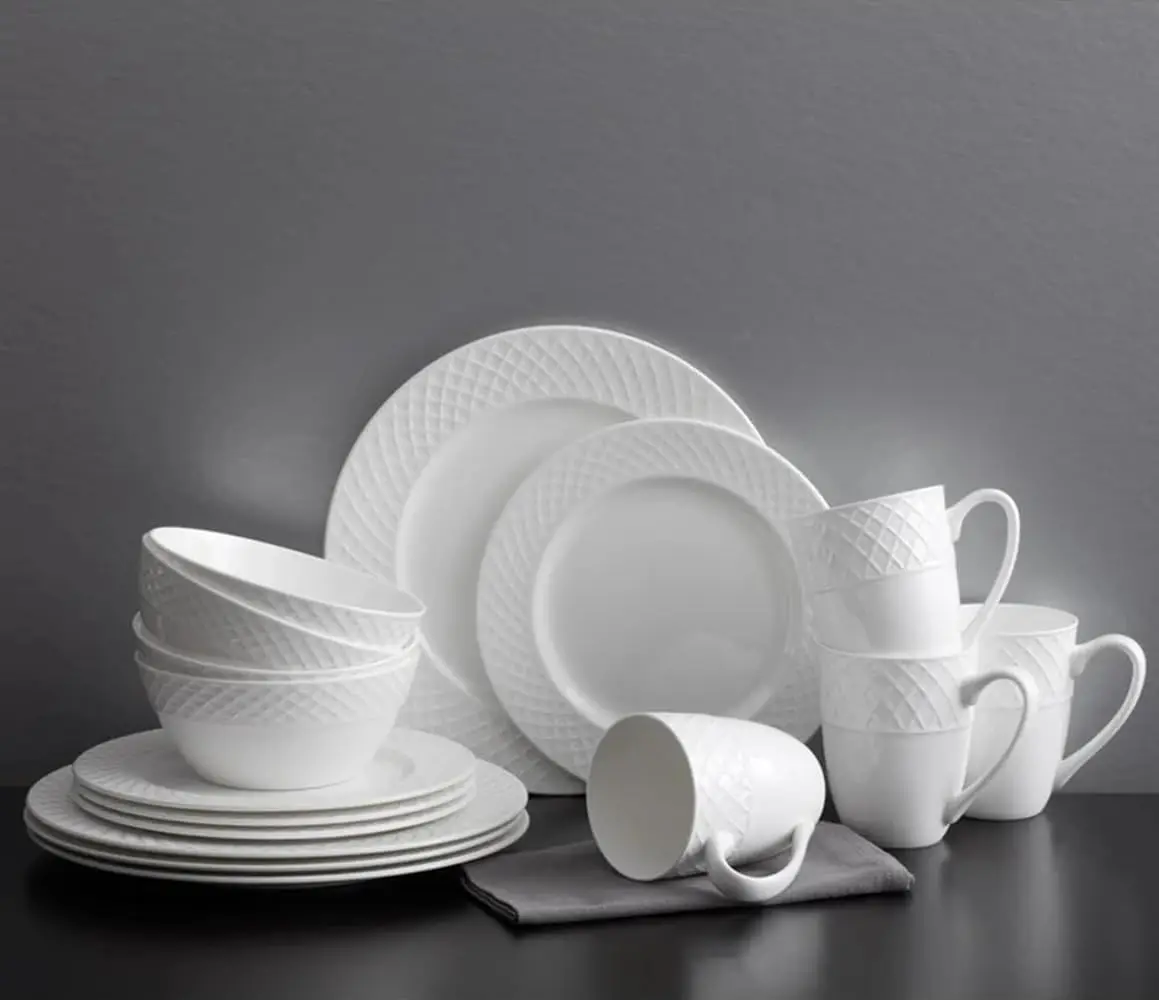 Trellis Bone China 16-Piece Dinnerware Set, Service for 4, White Lightweight Porcelain with Textured Design, Chip-Resistant and