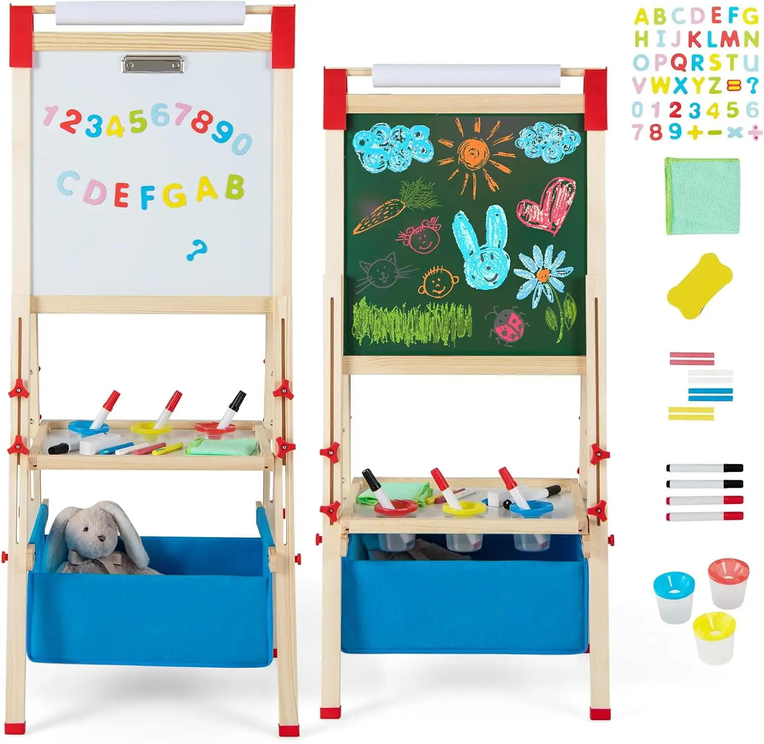 Easel for Kids, All in 1 Double Sided Wooden Art Easel w/Magnetic Chalkboard, Whiteboard, Paper Roll, Storage Tray & Bag