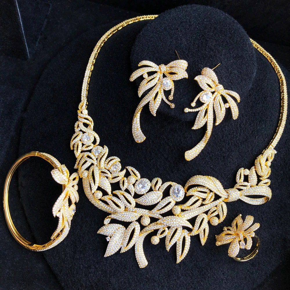 GODKI Luxury Flower Leaf Nigerian Bridal Jewelry sets For Women Wedding Cubic Zircon CZ Dubai Gold Bridal Jewelry Set 2024