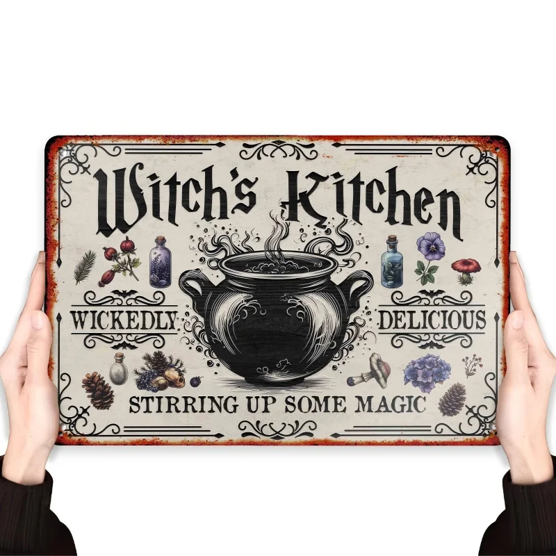 ديكور ساحرة مطبخ واحد، ديكور فني جداري معلق للهالوين، مناسب لأماكن مختلفة، لافتة معدنية من القصدير #1