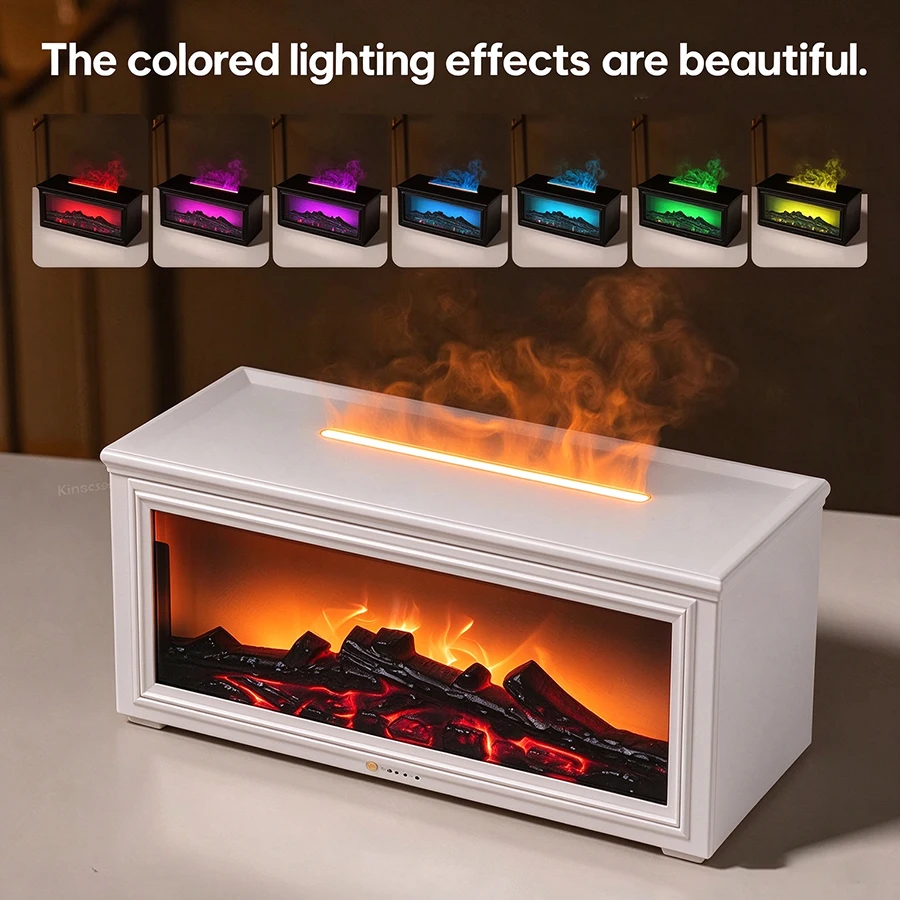 Simulated Flame Fireplace Aroma Diffuser 3-level Timer Remote Control Essential Oils Humidifier with Colorful Night Lights