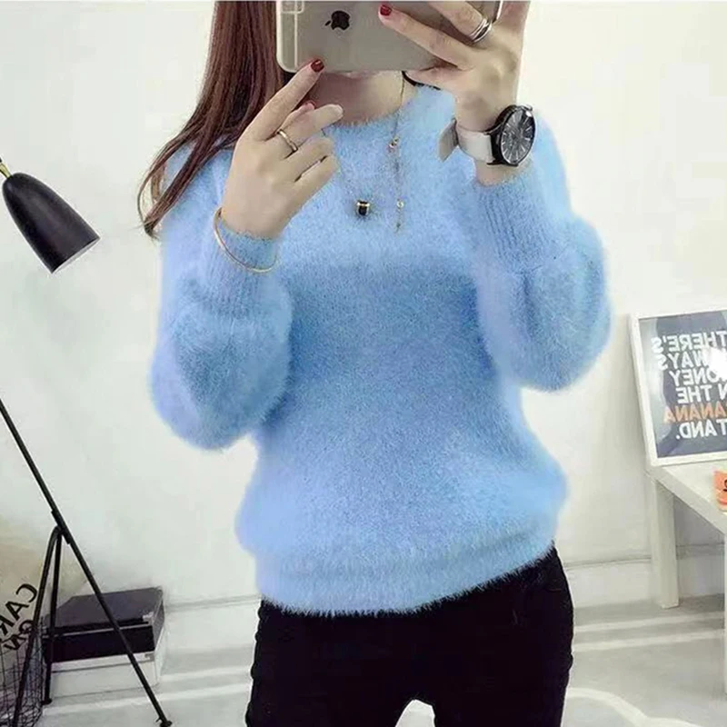 Jesień Zima Imitate Mink Wool Hot Flecing Sweet Y2K Korean O-neck Bishop Sleeve Sweater Women Knitted Tops Pullovers Solid