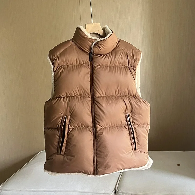 Débardeur en duvet pour femme, col montant chaud, Double face, nouvelle collection hiver européenne