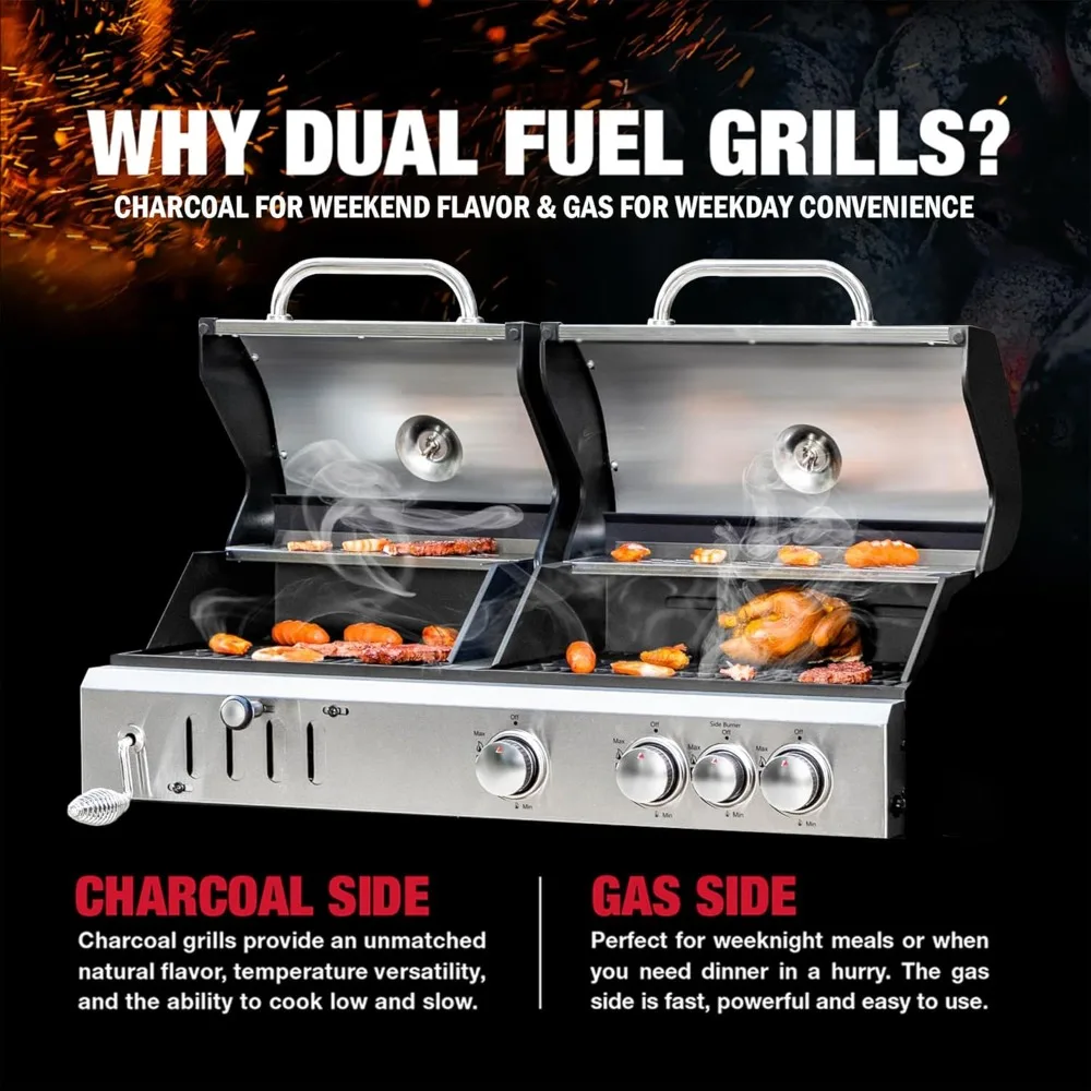 3 Burner Propane Gas and Charcoal Grill Combo with Side Burner & Porcelain-Enameled Cast Iron Grates, 37,000 BTU Dual Fuel Grill