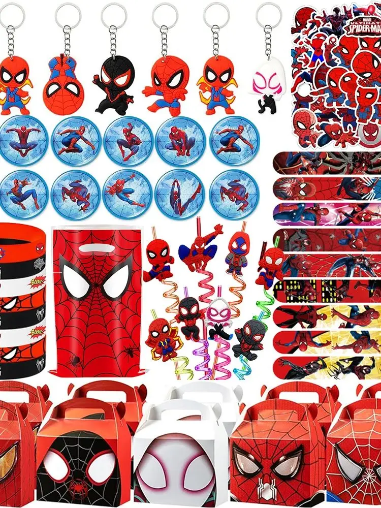 Spiderman feestartikelen inclusief armbandstickers cadeauzakje sleutelhanger rietjes uitblaasbaar voor jongens verjaardag SpiderMan feestdecoratie - afbeelding 2