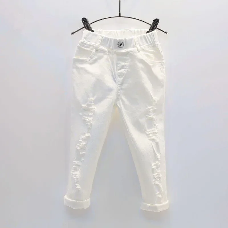 2025 autumn Baby girls Boy White Denim Jeans Pants Children's Ripped Trousers Kids Broken Toddler Leggings 2 3 4 5 6 7 Years