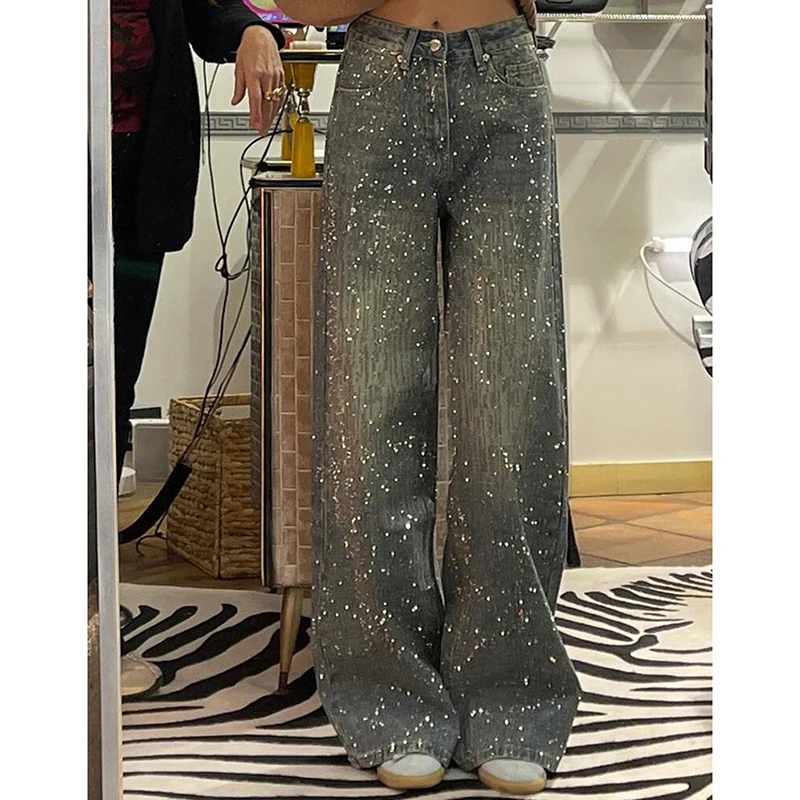 Damskie jeansy w stylu vintage z dżetami, luźne spodnie dżinsowe w stylu ulicznym, błyszczące, codzienne, patchworkowe, leniwe, proste, niebieskie spodnie.