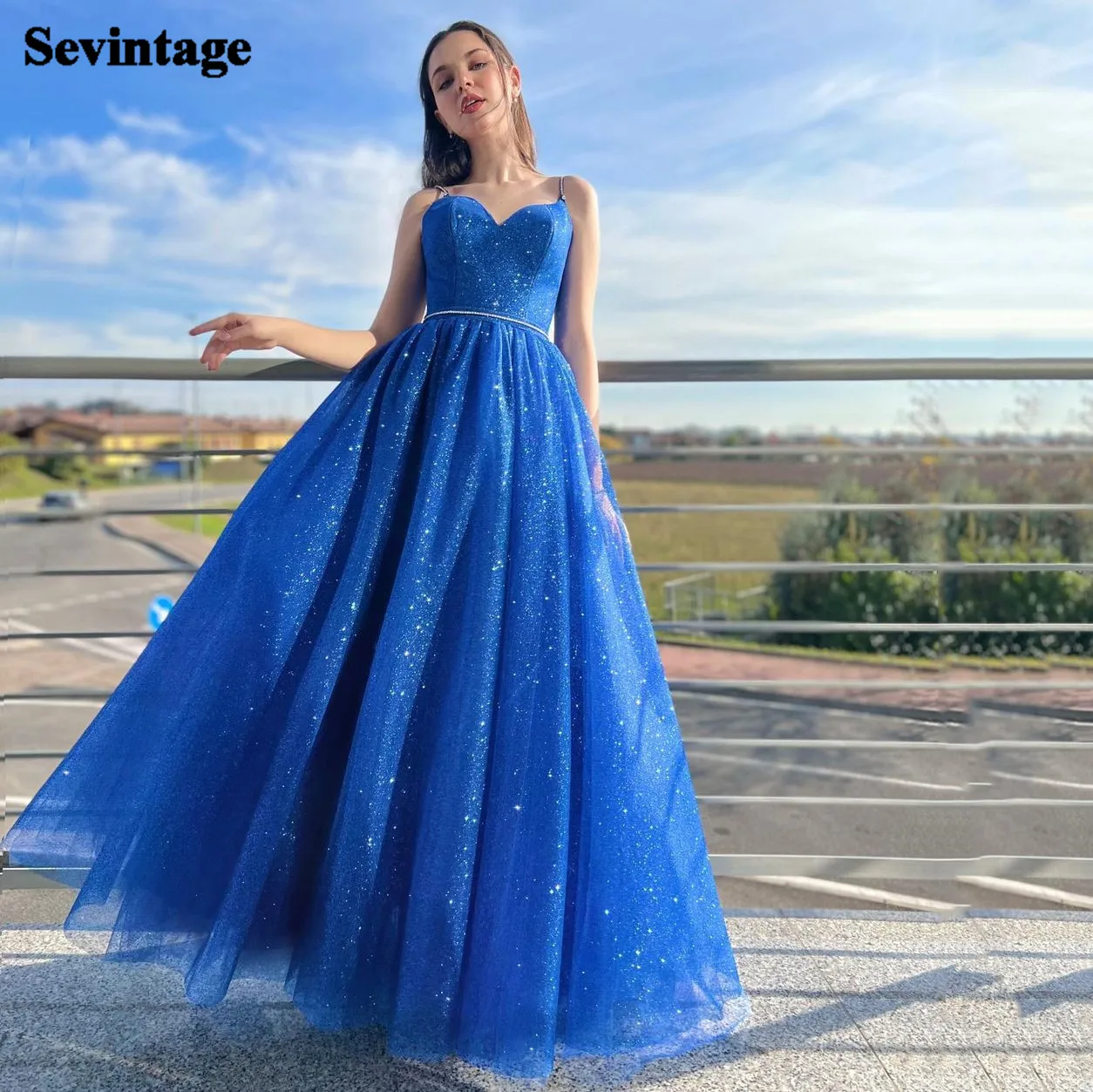 

Sevintage Blue Sparkly Tulle Prom Dresses Beaded Spaghetti Strap Lace Up Women Party Gowns Special Evening Dress Outfits