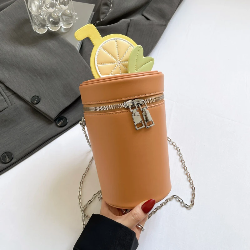 Novelty Drink Cup Cylinder Handbag Lemon Slice Decor Mini Crossbody Bag Chains Strap Design Sense Shoulder Purse for Ladies
