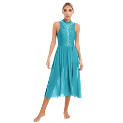 Womens Lyrical Ballet Ballroom Dance Dress Sleeveless Leotards Bodysuit Patchwork Flowy Split Mesh Skirts Maxi Dress Performance