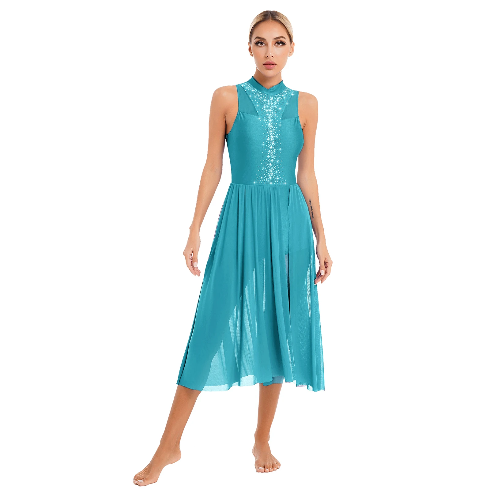 Womens Lyrical Ballet Ballroom Dance Dress Sleeveless Leotards Bodysuit Patchwork Flowy Split Mesh Skirts Maxi Dress Performance