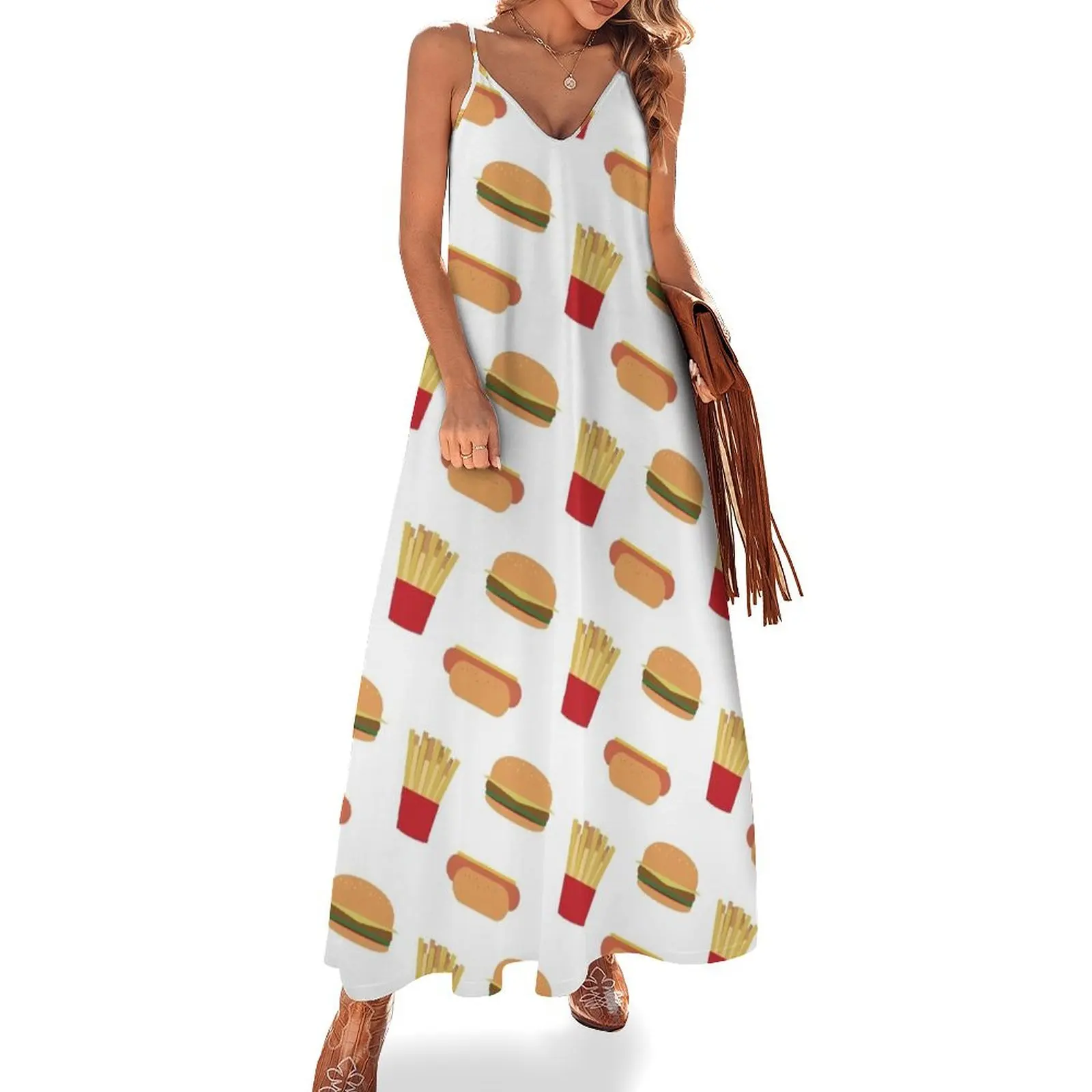 

HOT DOGS, HAMBURGERS AND FRIES PATTERN Sleeveless Dress Casual dresses evening dress women