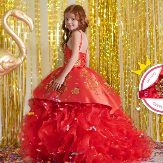 Gaun Mini Quinceanera merah gaun bola tali Spaghetti gaun gadis bunga applique untuk pernikahan gaun kontes Meksiko bayi