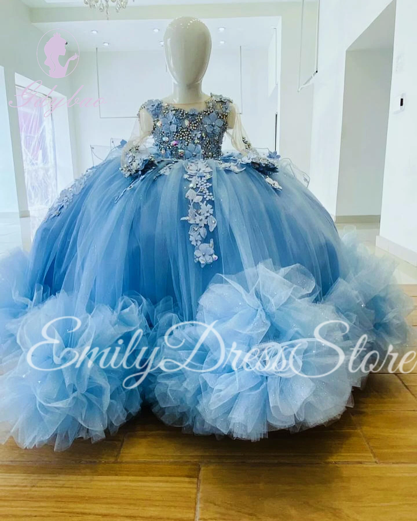 Customized Blue Beaded Flower Girl Dress For Wedding Pearls Shining Puffy Princess Kids Birthday First Communion Ball Gown
