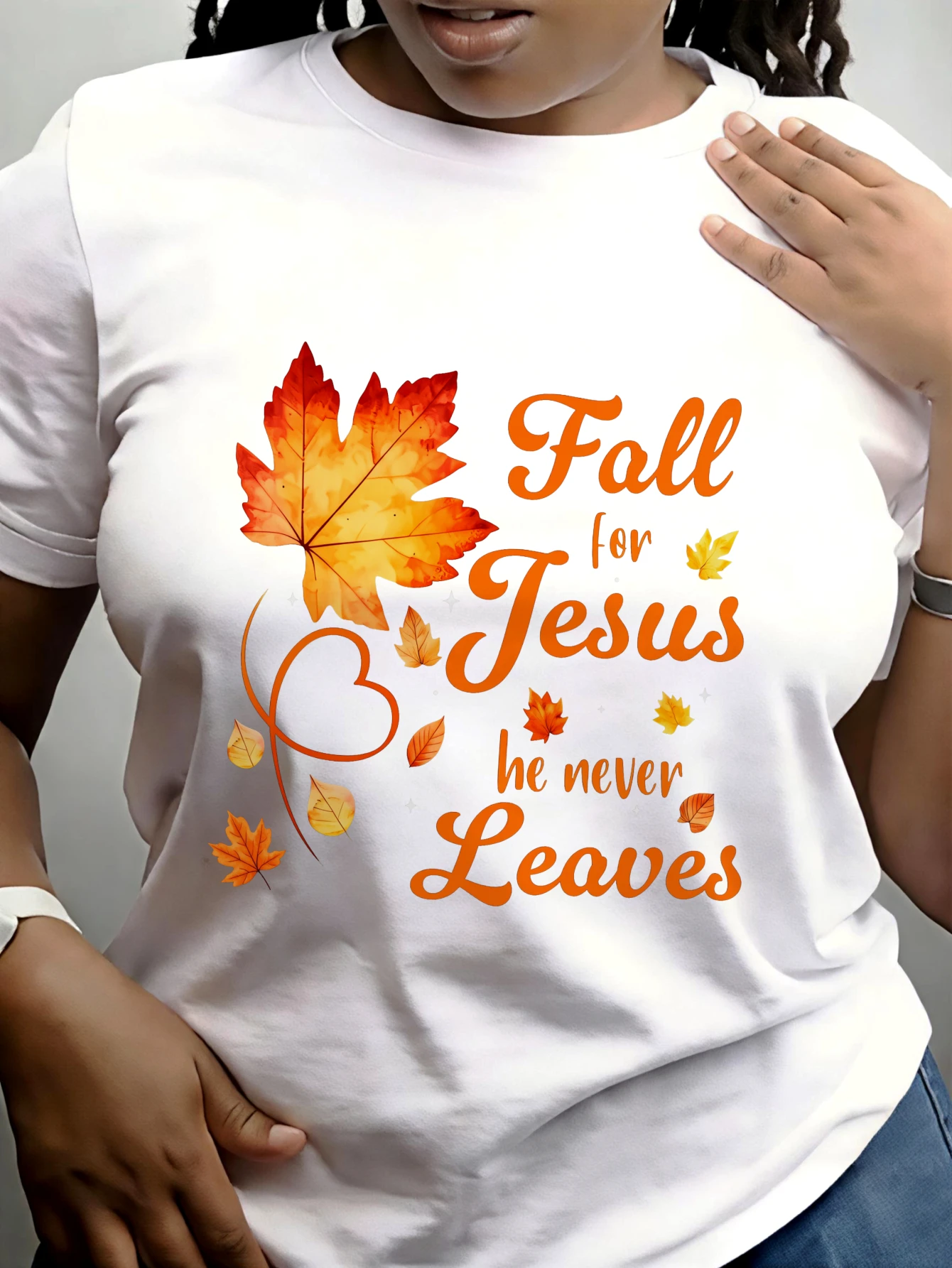 Women'S Fashion New Round-Neck T-Shirt, Women'S All-Match Outfits, Summer Autumn Casual Daily Basic Tops & T-Shirts, Fall for Jesus He Never Leaves Maple Leaf Design, 100%, Festive Occasions, Local Delivery