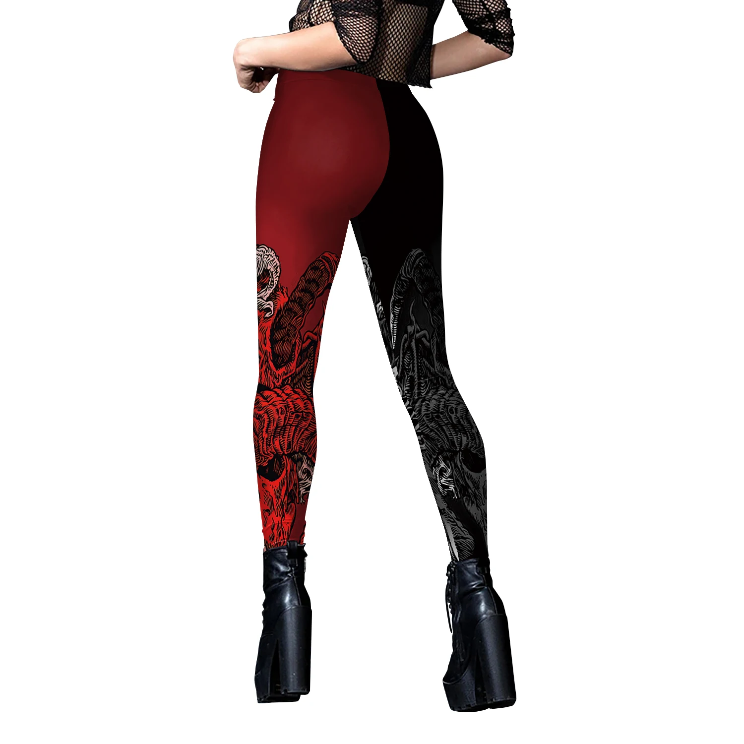 [Du bist mein Geheimnis] Halloween-Skelett-Druck-Leggings, Punk-Damen-Leggings, Gothic-Fitness-Knöchelhose, sexy Stretch-Leggings in Schwarz – Detail 5