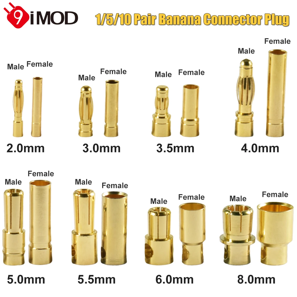 9IMOD 1/5/10Pair RC Bullet Connectors 2/3/3.5/4.0/5/5.5/6/8mm Male Female Banana Bullet Connector Plug Gold-plated Adapter