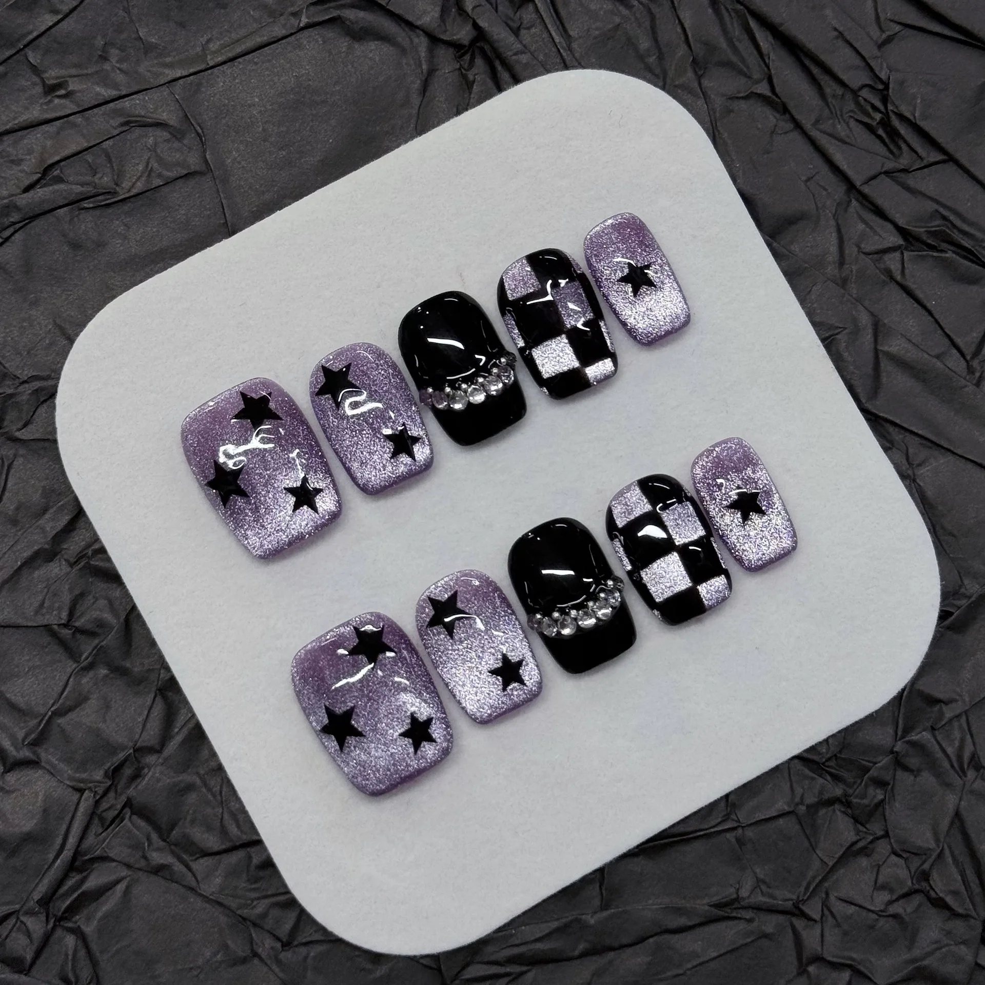 10PCS Glitter Purple Cat Eye Handmade Short Square False Nails Sweet Cool Star Checkered Patterns French Wearable Press on Nails