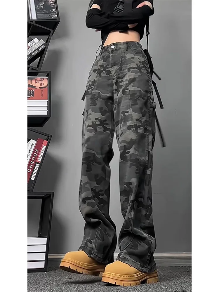 

American Sle Fce Lined Camouflage Cargo Pants Men's Autumn Winter Straight Leg Micro Flared Workwear Trousers