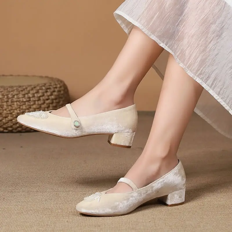 

2024 Spring New Women Flats Round Toe Shoes Ladies Pearl Decor Ballet Flats Concise Soft Genuine Leather Female Fashion Comfort