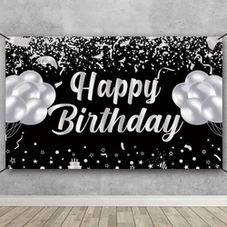 Happy Birthday banner background, black and silver birthday party decorations, birthday party supplies men and women