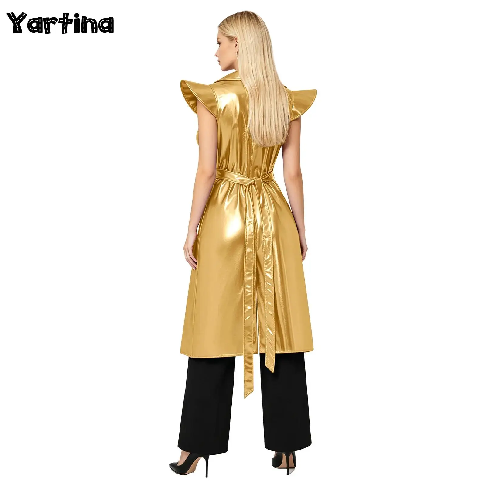 

Futuristic Holographic Trench Coat for Women Metallic Shiny Notch Lapel Open Front Belted Long Jacket Coat Rave Party Outerwear