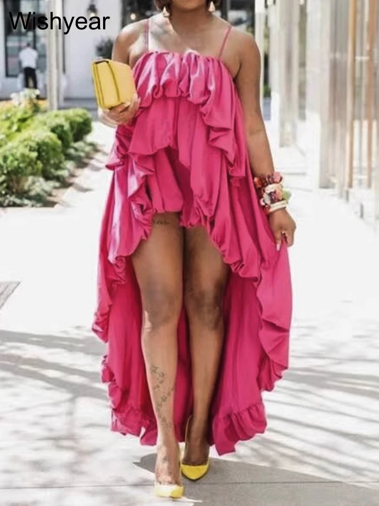 

New Spaghetti Strap Cake Skirt African Dress Women Summer Solid Wave Suspender Long Back Loose Sleeveless Irregular Stack Robe