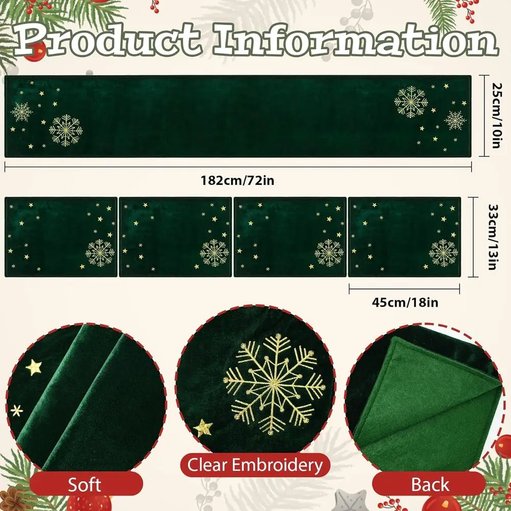مجموعة مفارش ومفارش طاولة مخملية أنيقة مطرزة باللونين الأخضر والذهبي على شكل أوراق هولي لعيد الميلاد، مقاس 10 × 72 بوصة لديكور الطعام الاحتفالي