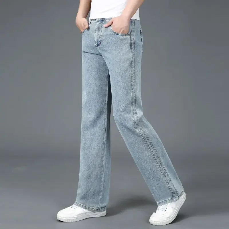 

New Vintage Casual Straight Jeans Men Solid Button Zipper Pockets Patchwork Loose Korean Fashion Trend Wide Leg Pants XT326