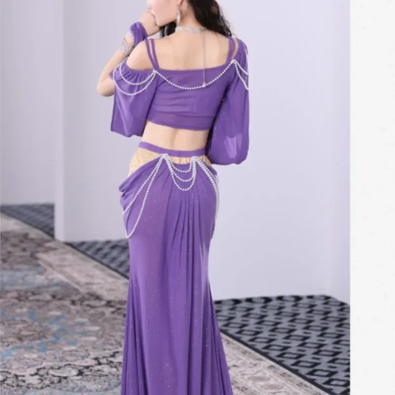 Belly Dance Clothing for Women Mesh Pearls Sleeves Top+long Skirt 2pcs Girl's Oriental Costumes Set Female Practice Wear Outfit