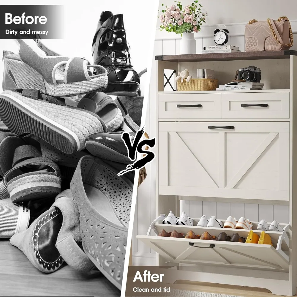 Шкаф для обуви с 2 откидными ящиками и 2 ящиками, тонкий узкий шкаф для хранения обуви в деревенском доме для прихожей, отдельно стоящая обувь