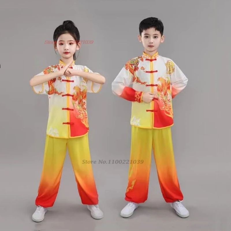 

2024 chinese traditional dragon print wushu clothing children kungfu shaolin costume martial arts sports training exercise set