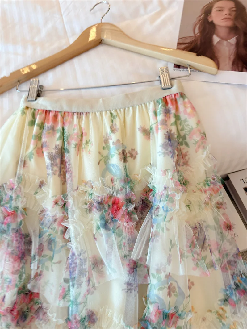 

Корейская юбка Sle Splice Me Fairy Summer с большим воланами, пышная длинная кружевная юбка с цветочным принтом, милая юбка с высокой талией, торт S...