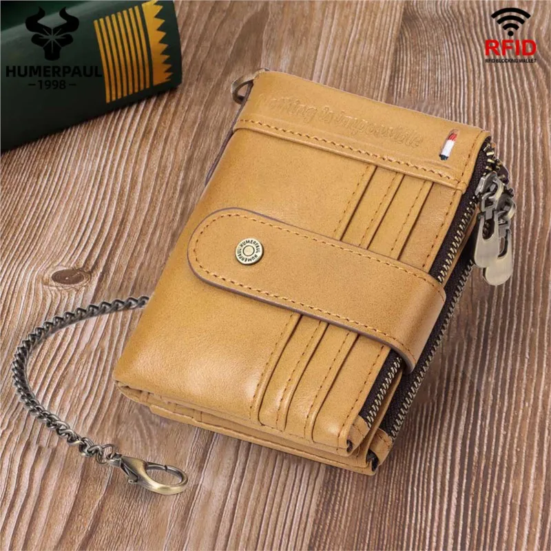 Men's RFID Blocking Wallet Genuine Top Layer Cowhide Multi-Slot ID Card Holder Double-Zipper Coin Purse Billetera Hombre