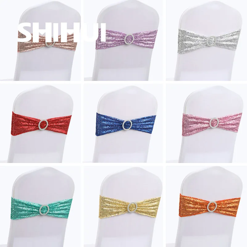 

Chair Sashes Glitter Sequin Tie Spandex Knot Cover Back Elastic Band Belt Bow For Hotel Banquet Wedding Party Event Decoration