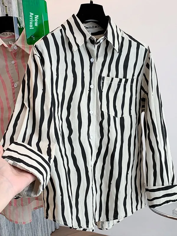 

Casual Stripe irt Women's Loose Fit Spring 2026 Open Cardigan Top Versatile Cotton Linen Long Sve Deformable Regular Length