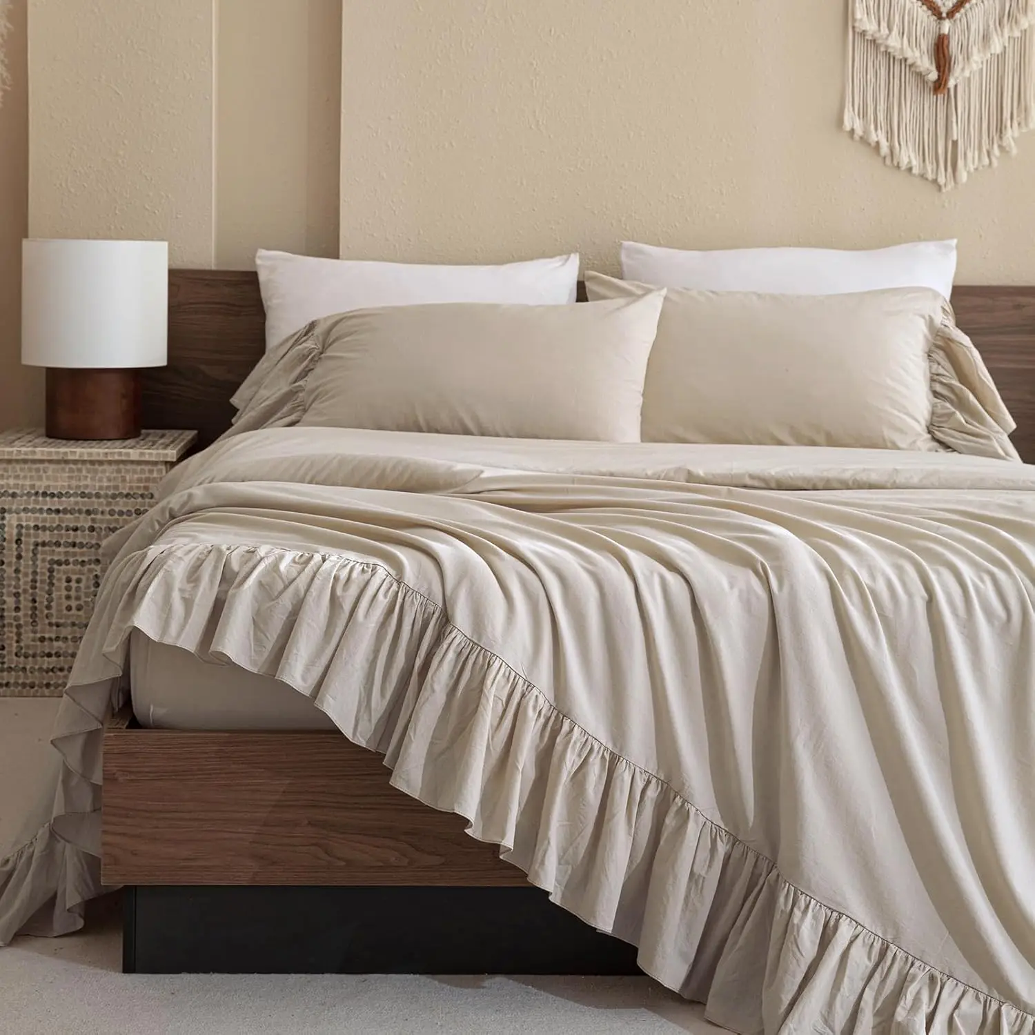 

Queen Cotton Sheet Set with Ruffle, Linen Feel Textured Farmhouse Vintage Chic Bedding 4 Pieces Soft Breathable