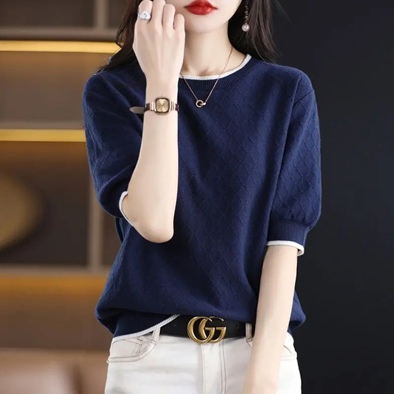 

Summer Women's Clothing Temperament Elegant Commute Short Sleeve Thin Top Fashion O-neck Solid Knitted T-shirt