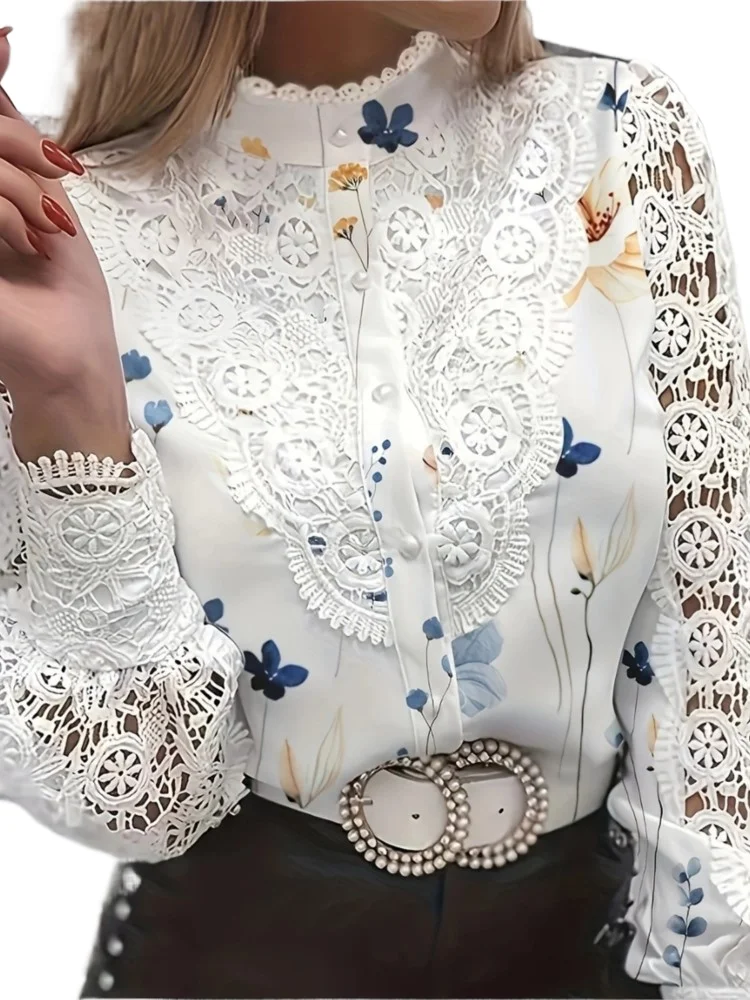 

Women's Autumn And Winter New Women's Shirt Button Sexy Lace Lace Fashion Print Long Sleeve Casual Office Shirt