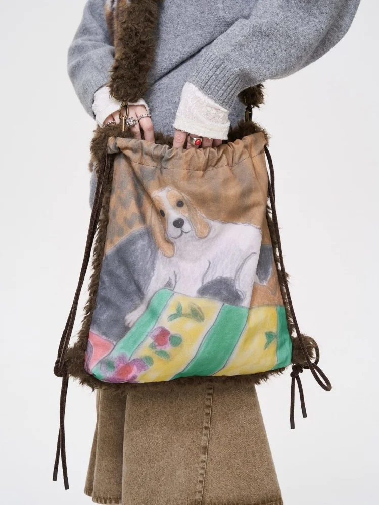

Drawstring Cartoon Dog Fluffy Backpack Casual Schoolbag Handbag Student Leisure Travel Backpack