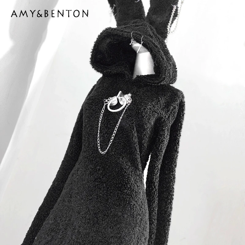 

Autumn Winter Gothic Dark 3D Bunny Ear Hooded Women's Gown Original Design Black Thickened Lamb Wool Floor-Length Dress Ladies