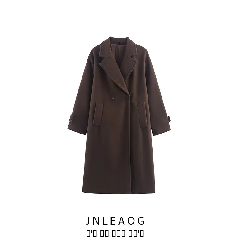 

Новое осеннее поступление, женское шерстяное длинное широкое пальто, уличное пальто прямого кроя, длинный костюм-свеч с воротником на двойной пуговице