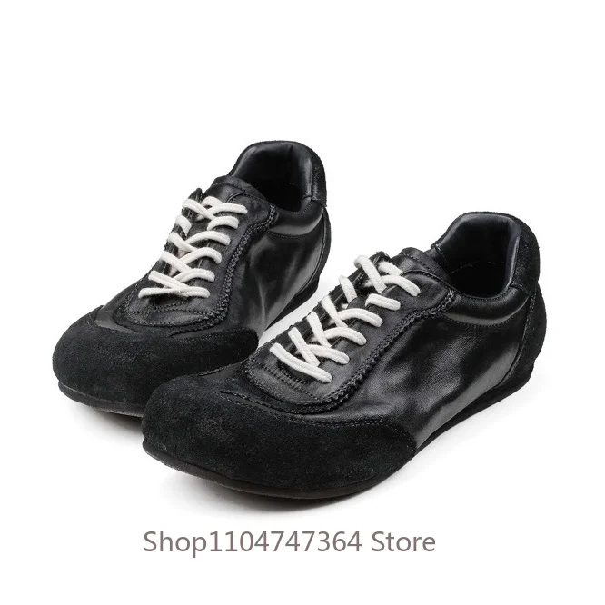 High-end Genuine Leather Casual Shoes Men's Retro Washed Black Horsehide Handmade Stitching Low Top Lace‑up Boxing Sneakers Male