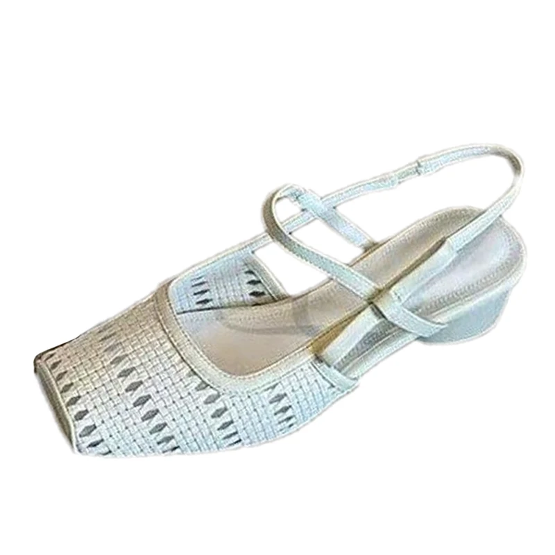 Sandal Hak Jaring Wanita Sepatu Hak Sedang Pita 2025 Sepatu Chunky Dangkal Ujung Persegi Mode Baru Musim Panas Slide Nyaman Berjalan Wanita