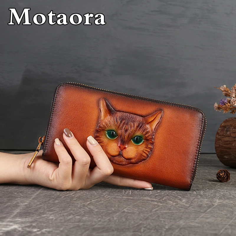 MOTAORA 2024 New Vintage Women\'s Wallet Long Genuine Leather Wallets Women Purses For Ladies Handmade Embossed Woman Card Holder