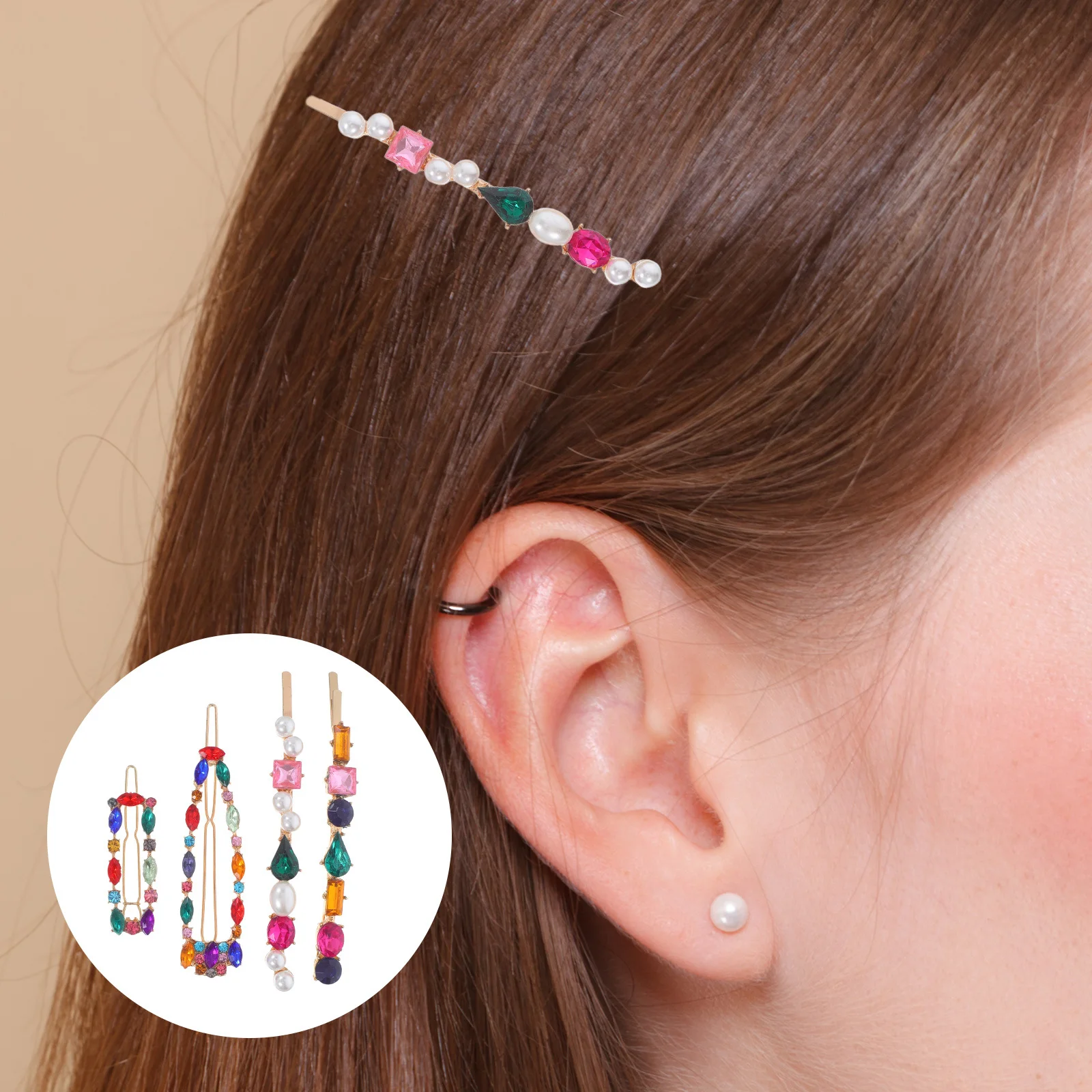 

4Pcs Alloy Bang Clips Rhinestone Hairpins Colorful Hair Clip Set Stylish Wedding Party Accessories Hair Clip Stylish Hairpin