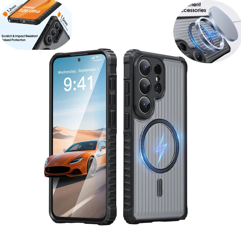 For MagSafe Anti Slip TPU Frame+Translucent PC Phone Case For Samsung S26 Ultra S24 S23 S22 S25 Ultra Plus FE A57 A56 A55 A54